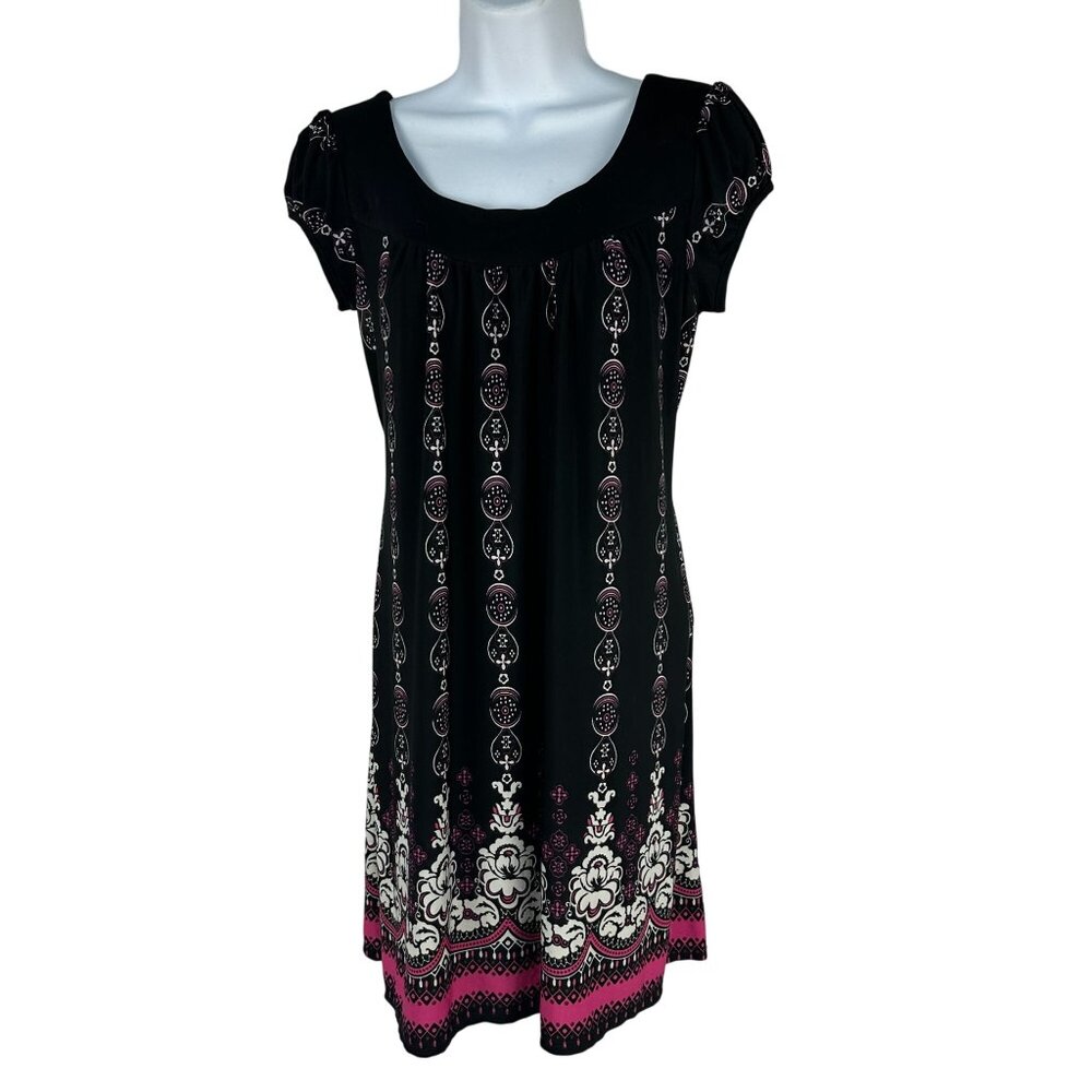 My Michelle Black Pink Boho Print Casual Dress Cap Sleeve Size Medium